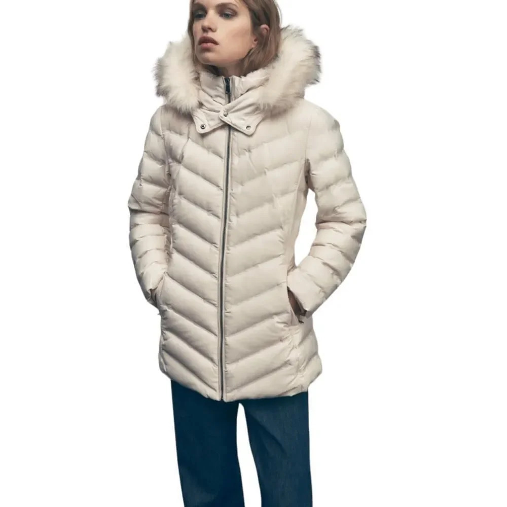 ZARA Ecru Water Wind Protection Hooded Down Coat NWT Size XXL Faux Fur Puffer - Picture 10 of 12